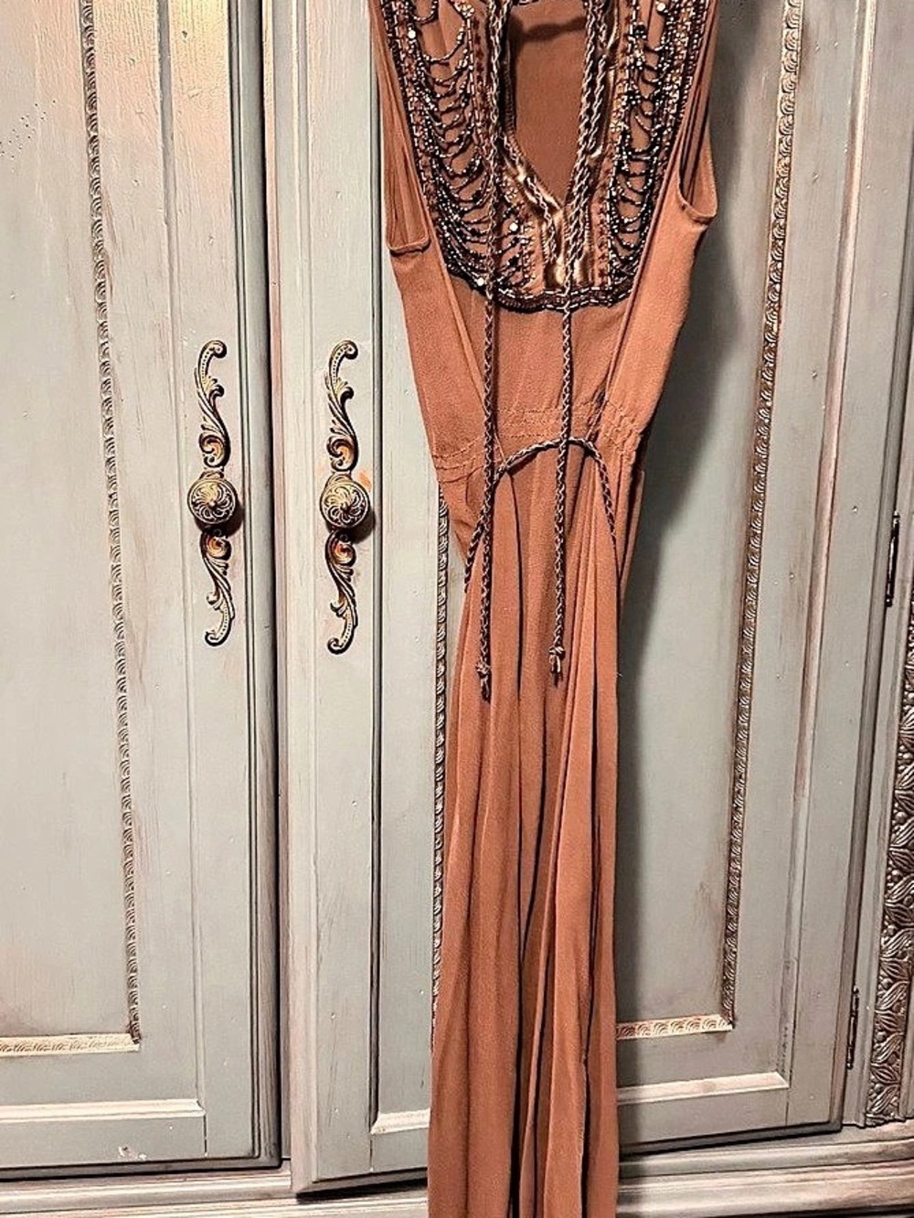 AllSaints Beaded Silk Maxi Dress in Grey